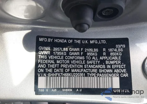 2019 Honda Civic Ex z USA, uszkodzony, nr VIN SHHFK7H68KU220351